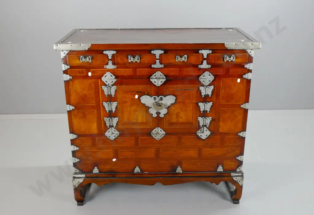 antique Korean elm & pine headside chest with mixed timber inlaid panels & drawer fronts, metal binding and moth or Image 1++