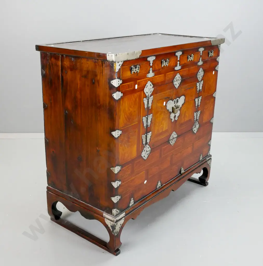 antique Korean elm & pine headside chest with mixed timber inlaid panels & drawer fronts, metal binding and moth or Image 1++