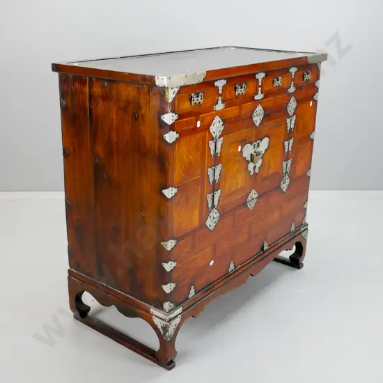 antique Korean elm & pine headside chest with mixed timber inlaid panels & drawer fronts, metal binding and moth or