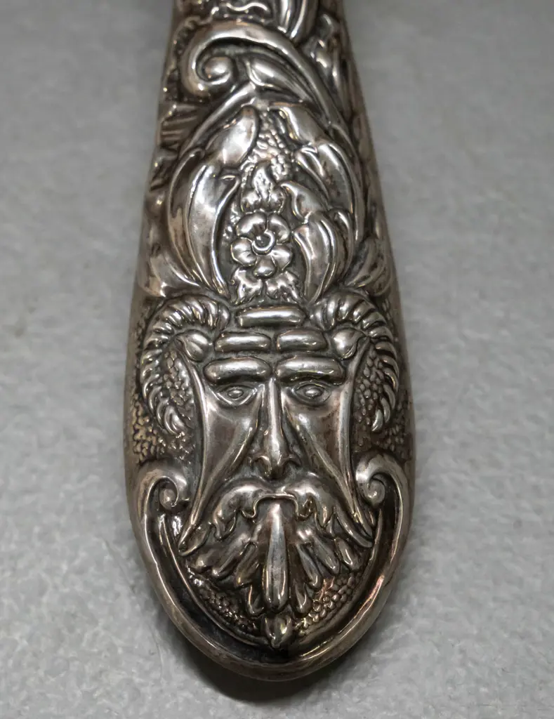 3 piece sterling silver mounted dressing table set - bevelled round mirror, brush and comb - with bird and "green man" Image 1++