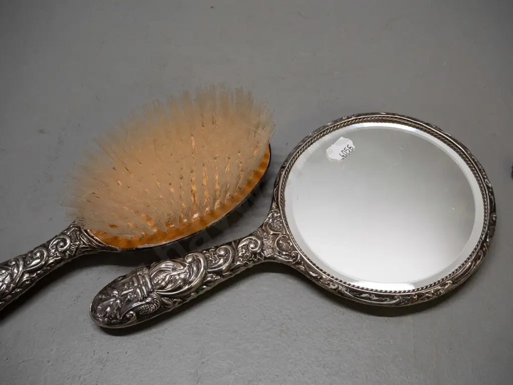 3 piece sterling silver mounted dressing table set - bevelled round mirror, brush and comb - with bird and "green man" Image 1++