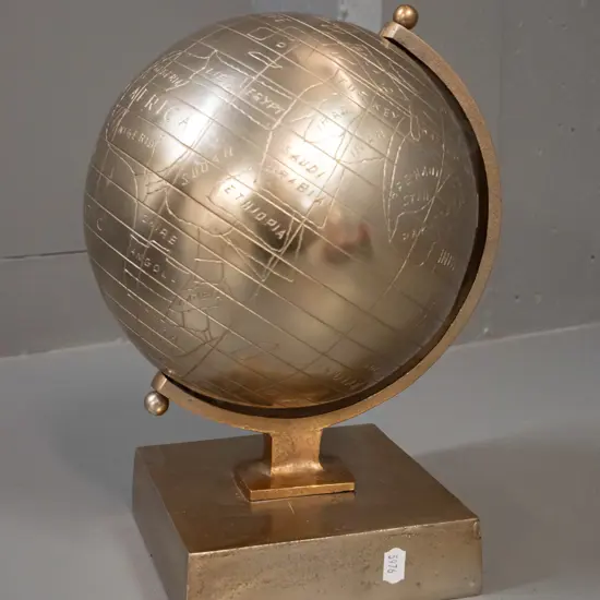 alloy silvery brass finish world globe - some pitting to base and arm H-280 Globe approx. D-200