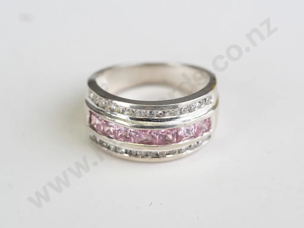 silver cz & pink stone ring stamped 925 Image 1++