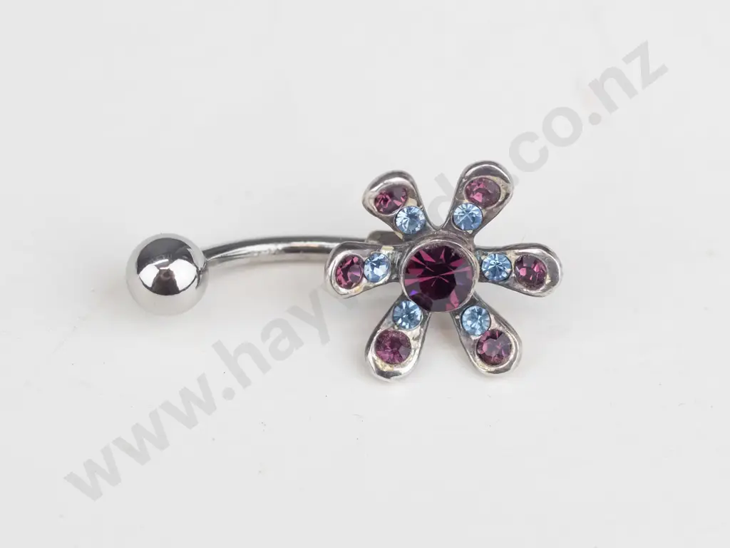 silver flower with blue & red stones belly button ring stamped 925 Image 1++