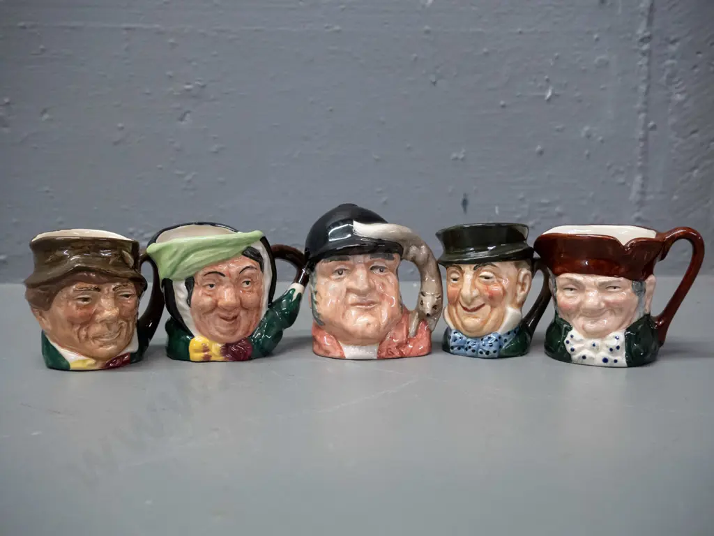 5 small Royal Doulton character jugs, approx. H-60 to 70. Old Charlie, Sarey Gamp, Gone Away, 2 others Image 1++