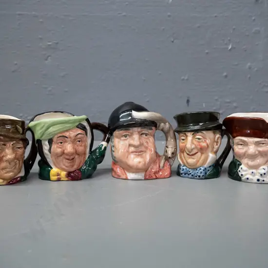 5 small Royal Doulton character jugs, approx. H-60 to 70. Old Charlie, Sarey Gamp, Gone Away, 2 others