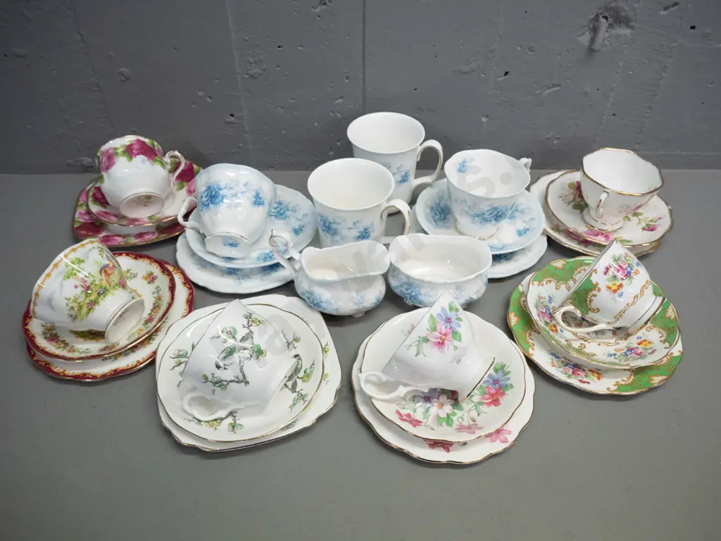 Royal Albert bone china items - 8 trios including Chelsea Bird, Albany Green, and 2 Tiffany with cream sugar and 2 mugs Image 1++