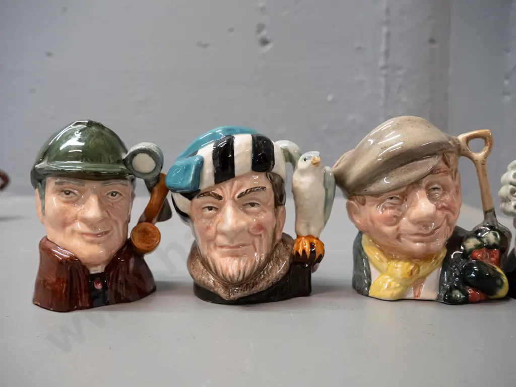 5 small Royal Doulton character jugs, approx H-60 to 70 - Lawyer, Poacher, Falconer, Sleuth, Gardener Image 1++