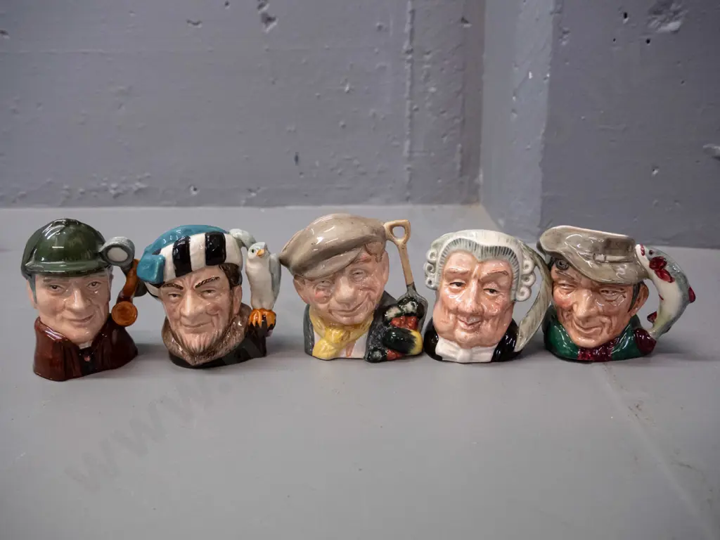 5 small Royal Doulton character jugs, approx H-60 to 70 - Lawyer, Poacher, Falconer, Sleuth, Gardener Image 1++