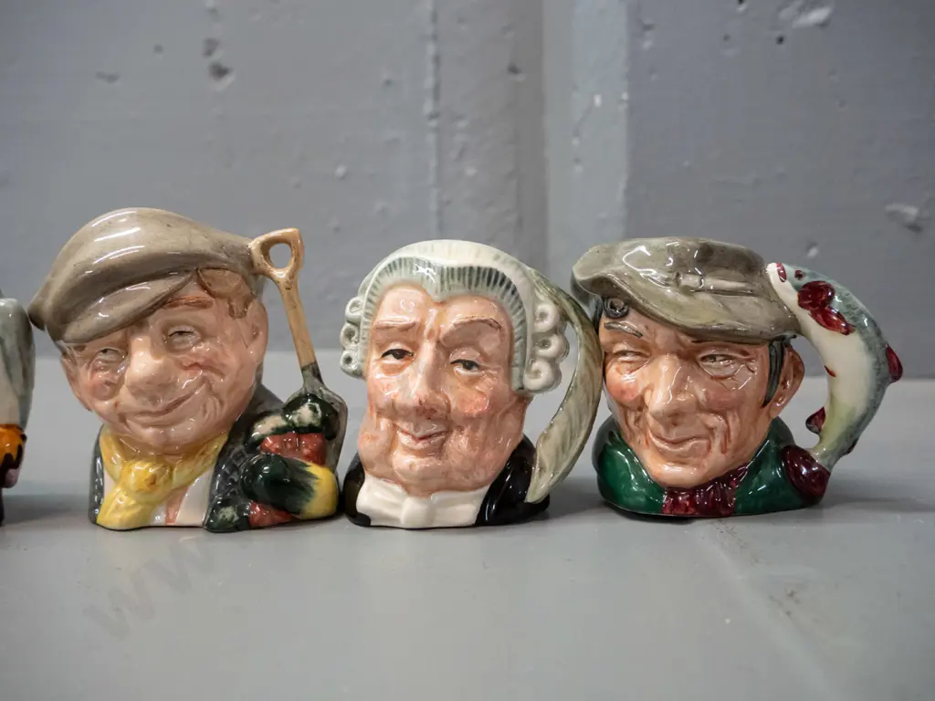 5 small Royal Doulton character jugs, approx H-60 to 70 - Lawyer, Poacher, Falconer, Sleuth, Gardener Image 1++