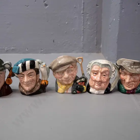 5 small Royal Doulton character jugs, approx H-60 to 70 - Lawyer, Poacher, Falconer, Sleuth, Gardener