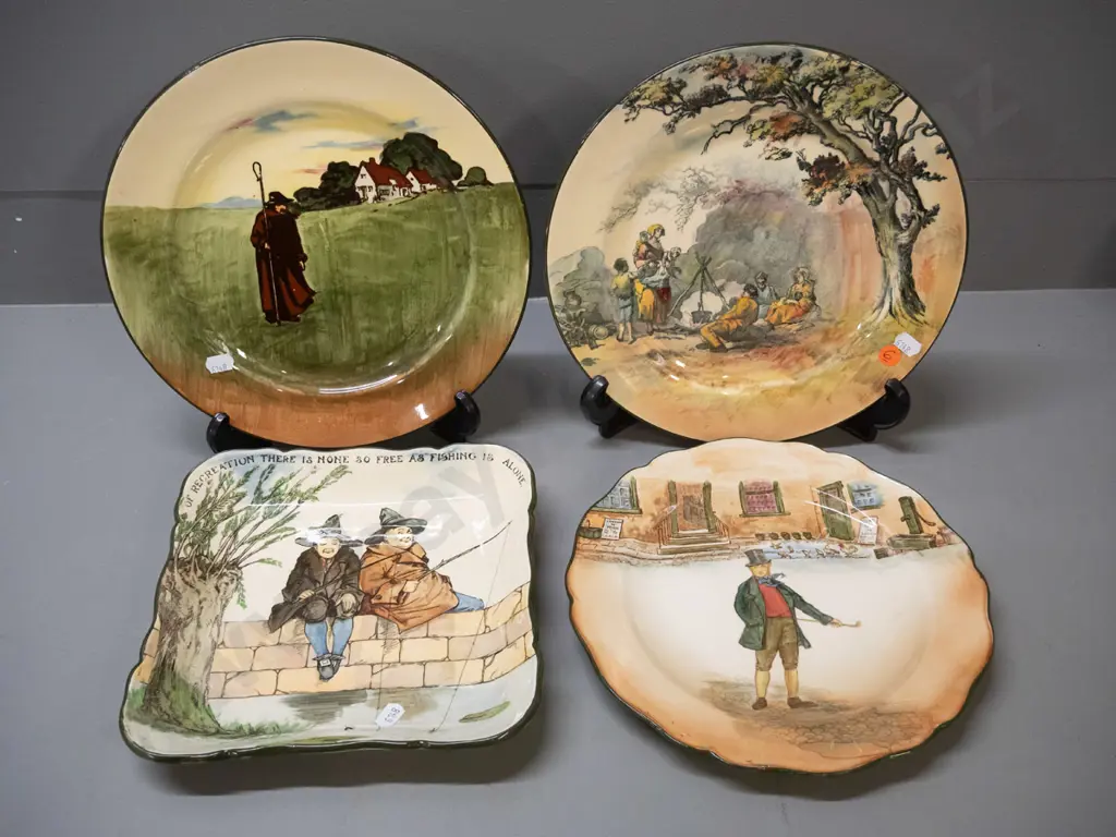 4 Royal Doulton display plates - information hidden by adhesive plate hangers. Includes square fishermen motto, Dickens, Image 1++