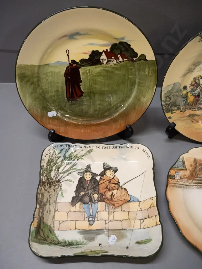 4 Royal Doulton display plates - information hidden by adhesive plate hangers. Includes square fishermen motto, Dickens, Image 1++