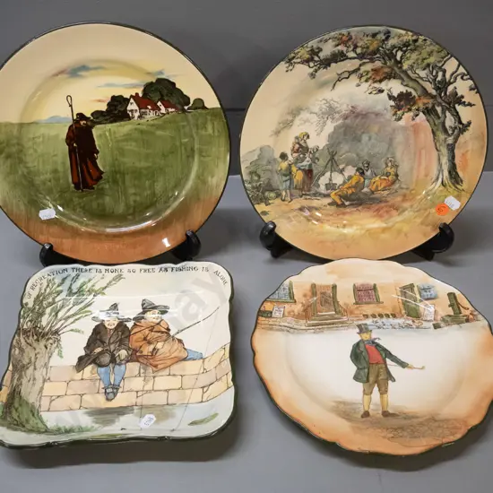 4 Royal Doulton display plates - information hidden by adhesive plate hangers. Includes square fishermen motto, Dickens,