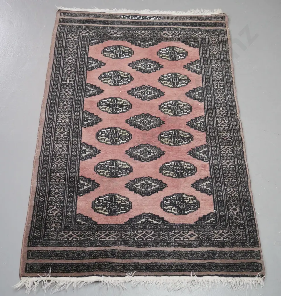 small hand knotted wool floor mat or prayer rug with small panel of Arabic script, some wear and fading L-1220 W-760 Image 1++