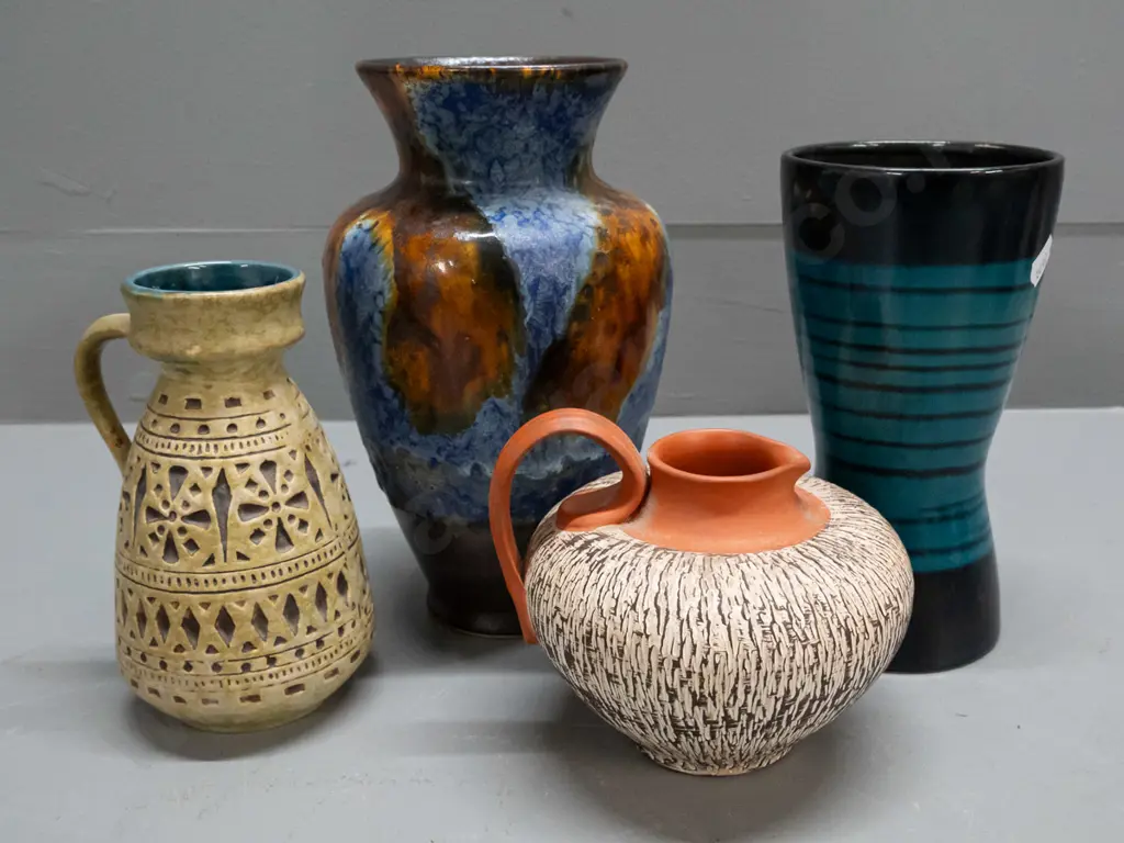 4 German pottery vases - 2 are jug shaped, one with small rub mark inside rim, tallest lava pattern blue has firing Image 1++
