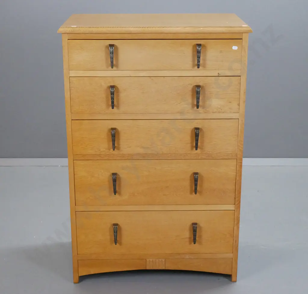 deco oak style 5-drawer tallboy, metal drop handles, Nee's Furniture Dunedin label. H-1020 W-690 D-400 Image 1++