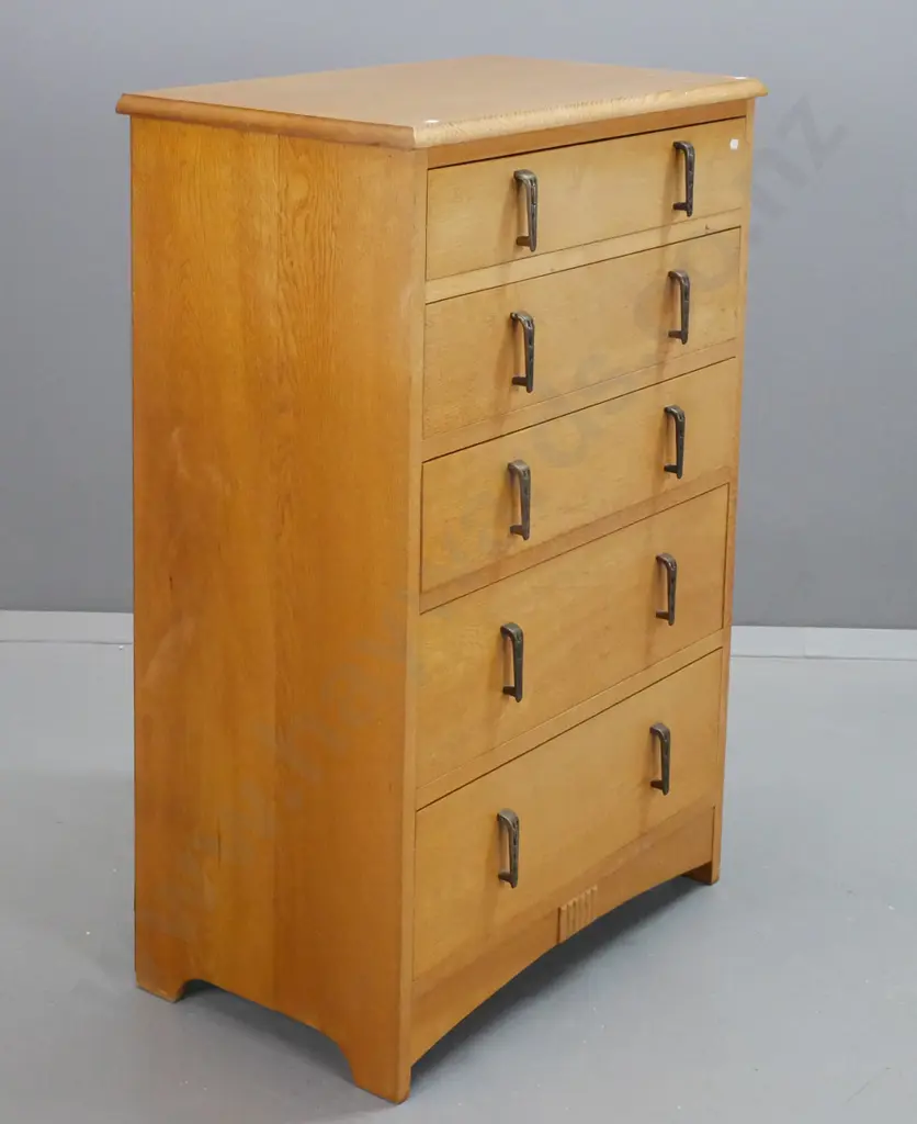 deco oak style 5-drawer tallboy, metal drop handles, Nee's Furniture Dunedin label. H-1020 W-690 D-400 Image 1++