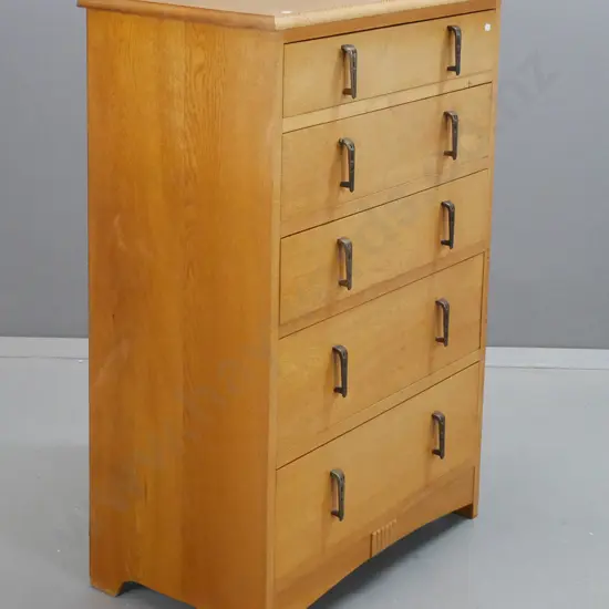 deco oak style 5-drawer tallboy, metal drop handles, Nee's Furniture Dunedin label. H-1020 W-690 D-400