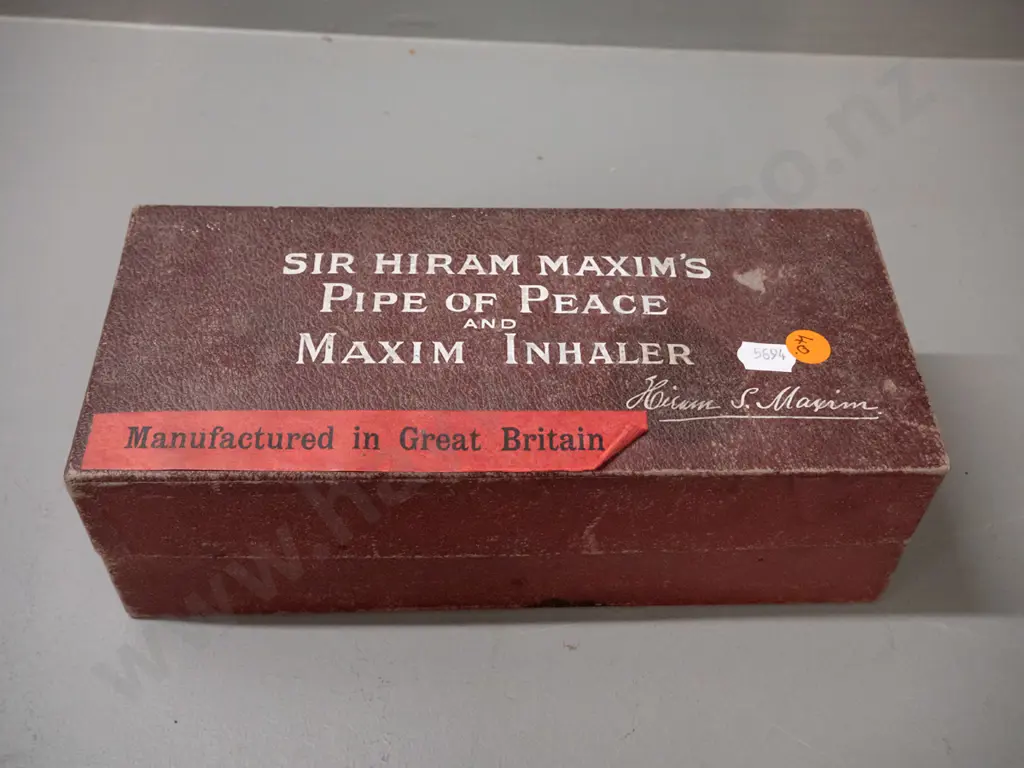 Sir Hiram Maxims Pipe of Peace & Maxim Inhaler health inhalation set in original box, with glass inhaler, Image 1++