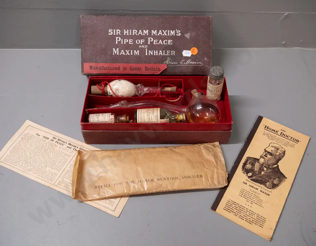 Sir Hiram Maxims Pipe of Peace & Maxim Inhaler health inhalation set in original box, with glass inhaler, Image 1++