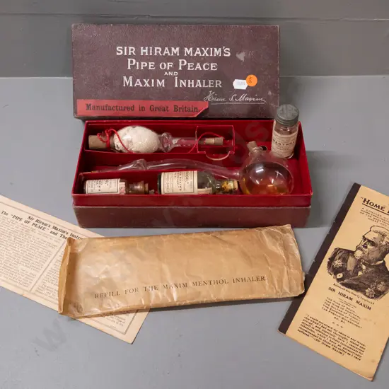 Sir Hiram Maxims Pipe of Peace & Maxim Inhaler health inhalation set in original box, with glass inhaler,