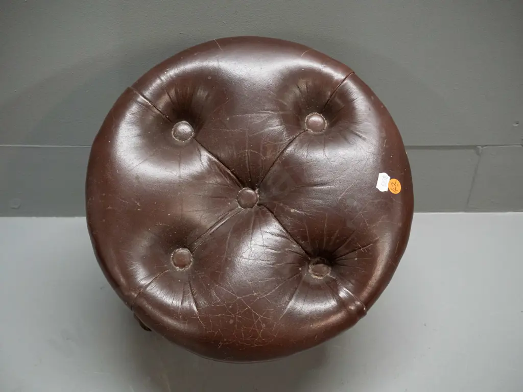 vintage mahogany foot-stool with deep button and studded leather top, some staining and wear to leather H-200 W-320 Image 1++