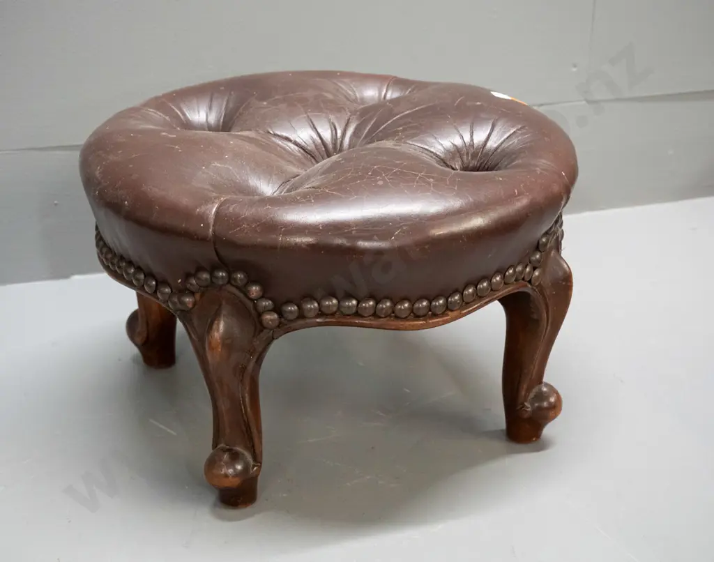 vintage mahogany foot-stool with deep button and studded leather top, some staining and wear to leather H-200 W-320 Image 1++