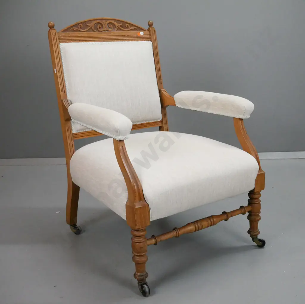 art nouveau open-arm armchair with, fluted uprights and arms, turned legs and stretchers on porcelain casters - minor Image 1++