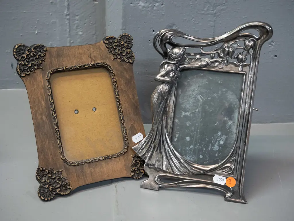 2 picture frames - cast metal nouveau style figural H235 W150 & a timber and applied composite, both with backs stands, Image 1++