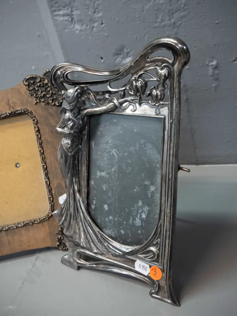 2 picture frames - cast metal nouveau style figural H235 W150 & a timber and applied composite, both with backs stands, Image 1++