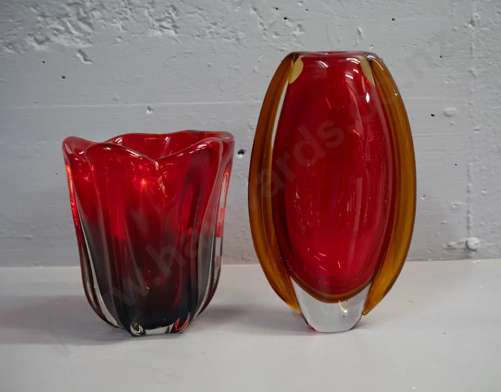 2 art glass vases - red, amber and clear with small base H-220 W-140 and other dark and mid red Image 1++