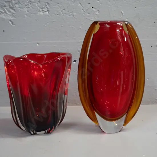 2 art glass vases - red, amber and clear with small base H-220 W-140 and other dark and mid red