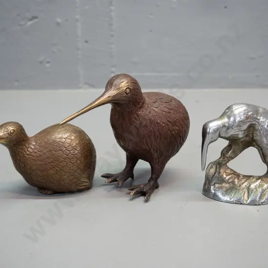 3 metal kiwi bird figures - 2 brass, one with bronze finish is H-100 L-140, and a crudely cast silver metal