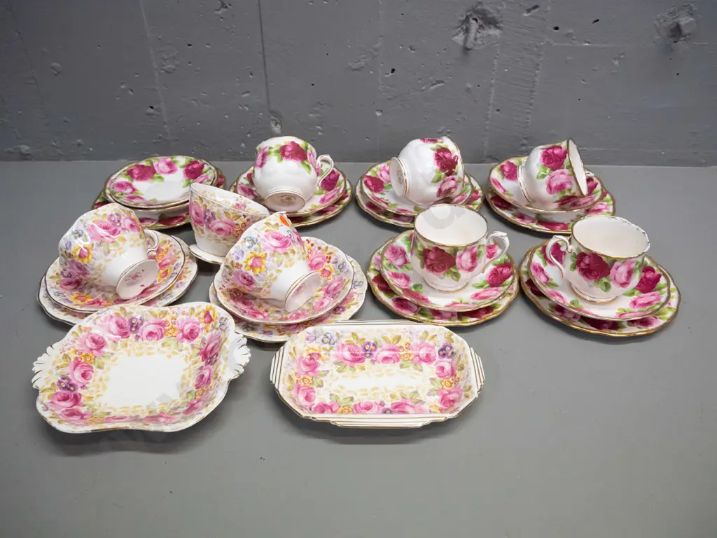 Royal Albert tea ware - 5 Old English Rose trios, dish, spare plate & saucer and 2 Serena trios, extra cup, etc. Image 1++