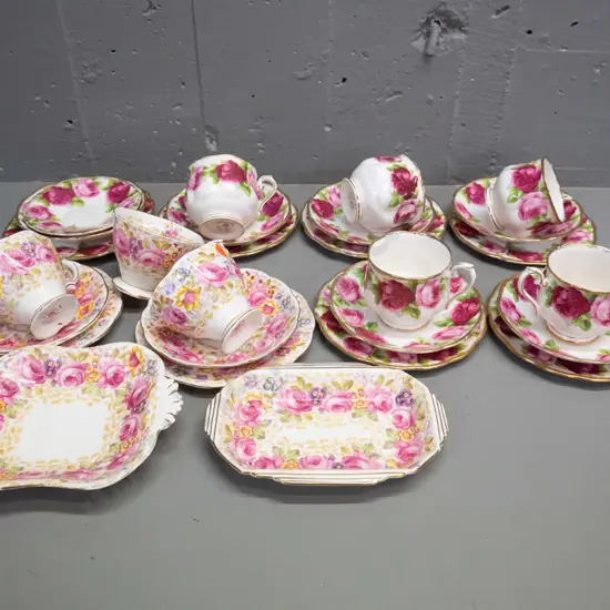Royal Albert tea ware - 5 Old English Rose trios, dish, spare plate & saucer and 2 Serena trios, extra cup, etc.