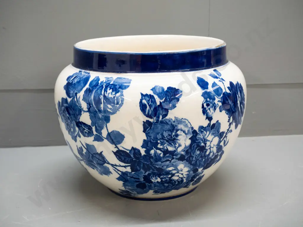vintage Royal Doulton Burslem "Gloire de Dijon" blue and white jardiniere - some crazing, chips, to base H-225 D-240 Image 1++
