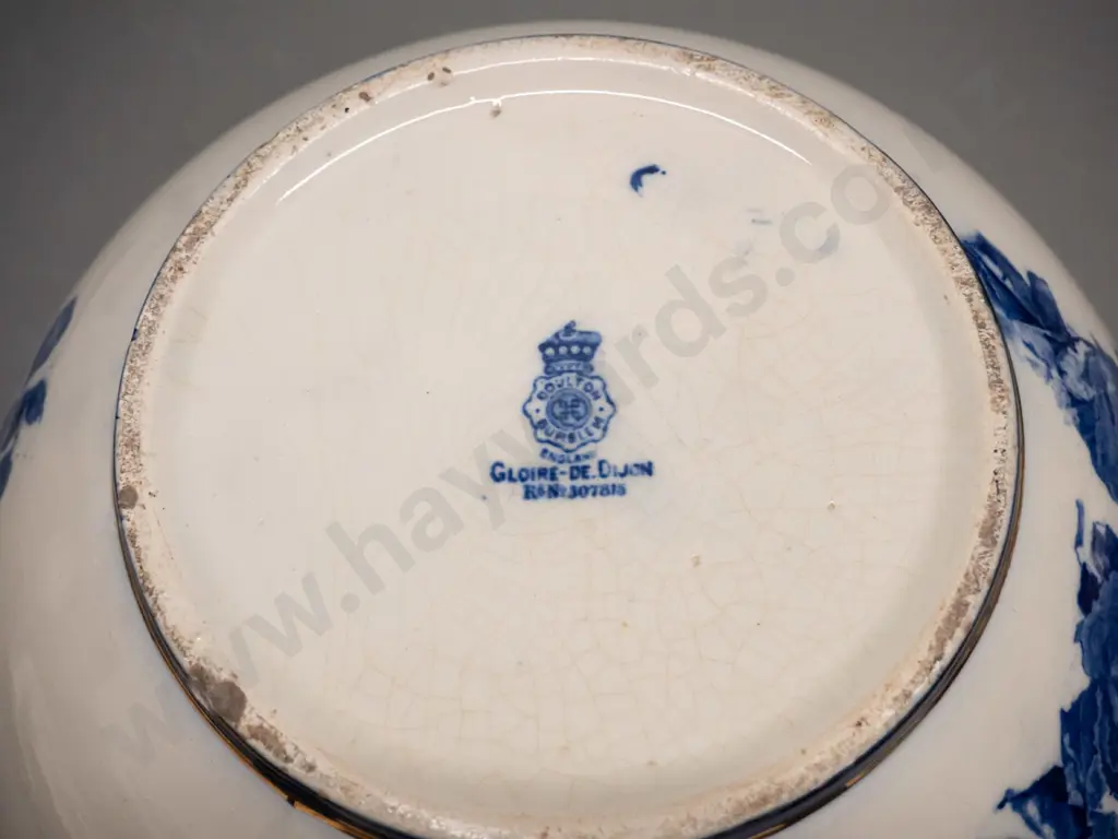 vintage Royal Doulton Burslem "Gloire de Dijon" blue and white jardiniere - some crazing, chips, to base H-225 D-240 Image 1++