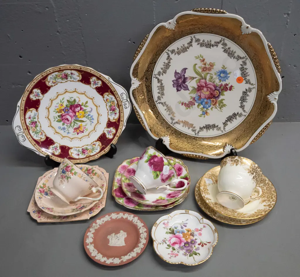 Royal Albert Lady Hamilton cake plate, 3 trios, Crown Derby & Wedgwood pin dishes and a large Winterling German display Image 1++