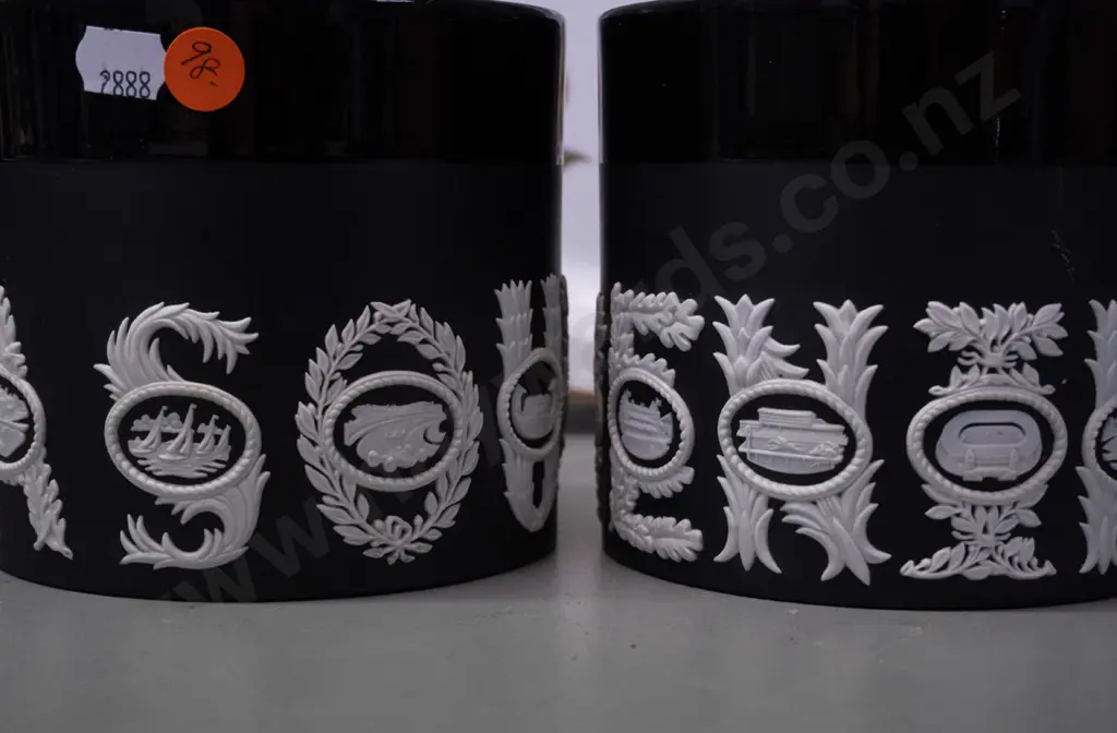 2 Wedgwood Jasperware black glaze "The Wedgwood Sporting Mug" by Richard Guyatt - limited edition of 500 - and a Royal Image 1++