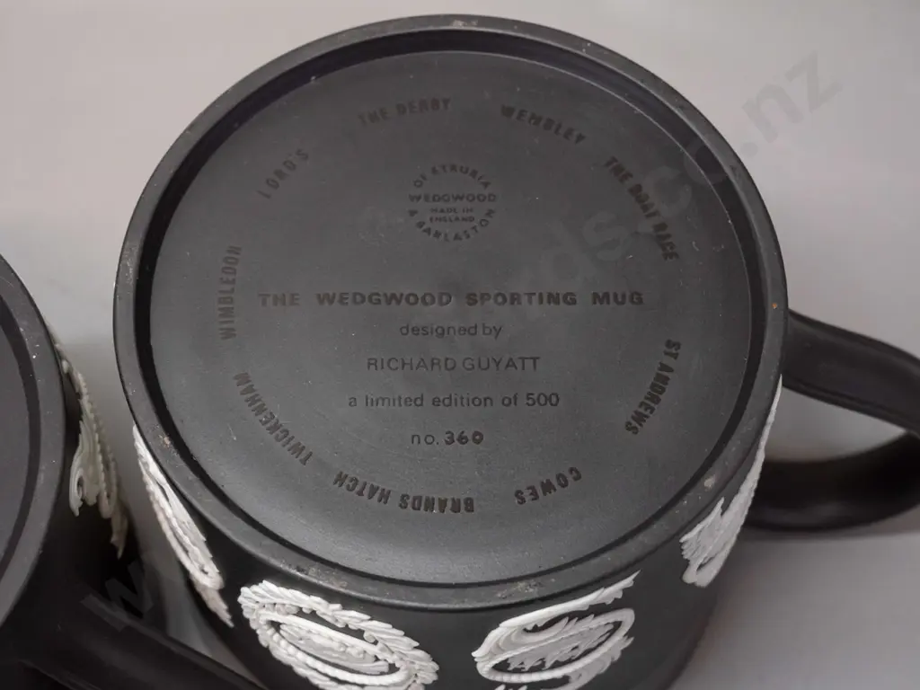 2 Wedgwood Jasperware black glaze "The Wedgwood Sporting Mug" by Richard Guyatt - limited edition of 500 - and a Royal Image 1++