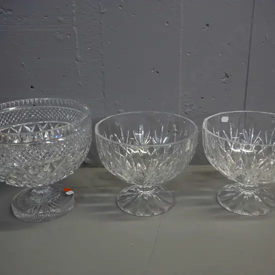3 cut crystal footed comport bowls - matching pair and a larger hobnail cut with a small chip to base H-190 D-210