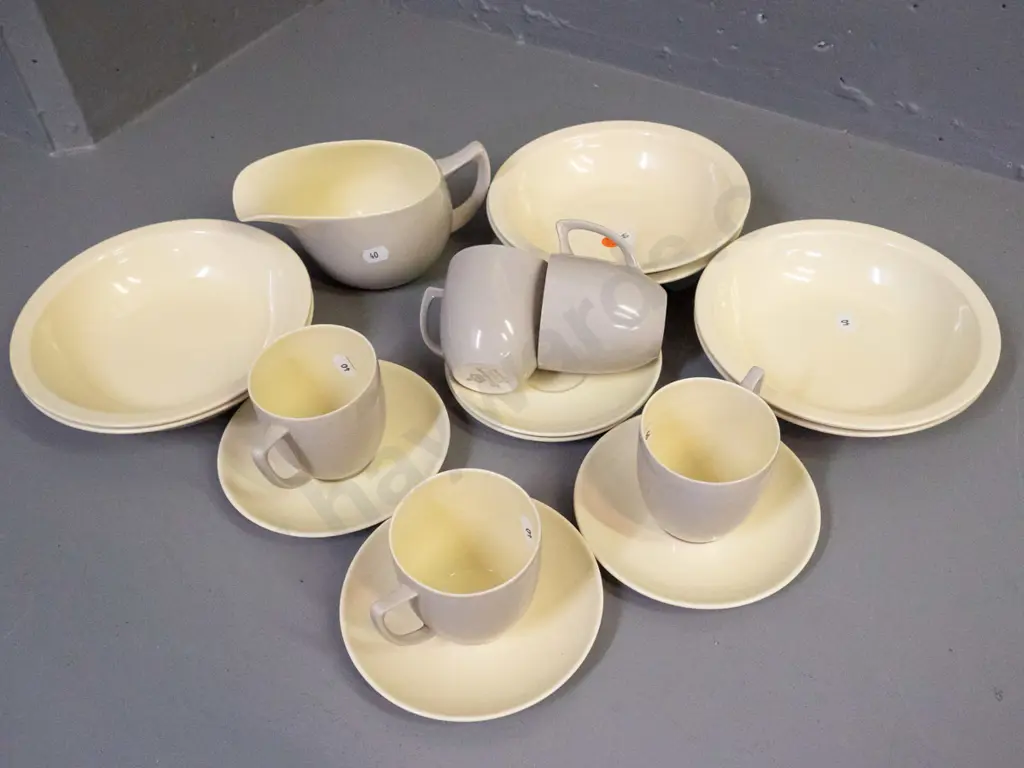 retro Branksome dinner ware - 5 cups & saucers, 6 soup bowls, gravy jug - small chip to rim of one cup Image 1++