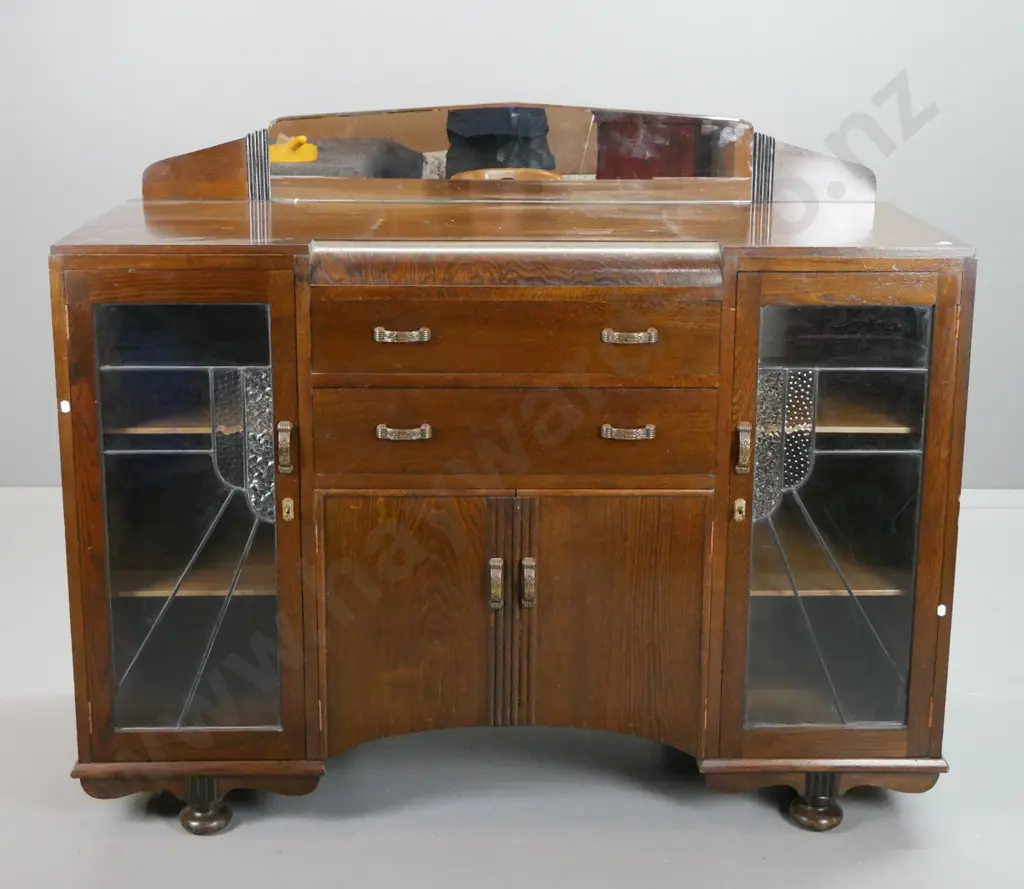deco sideboard with mirrored upstand, rolled front with 3 drawers, 2 solid and 2 leadlight doors, 2 fixed shelves each Image 1++