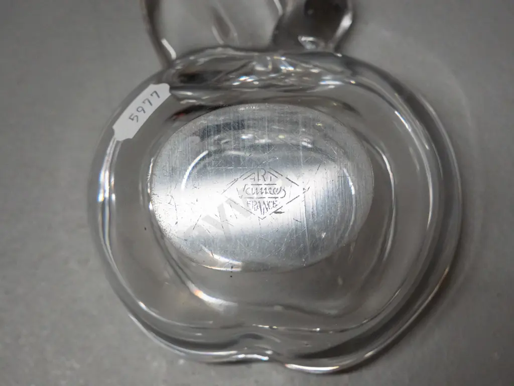 3 pieces of glass - black over amber art glass vase with cut ovals, French clear glass apple shaped dish and an apple Image 1++