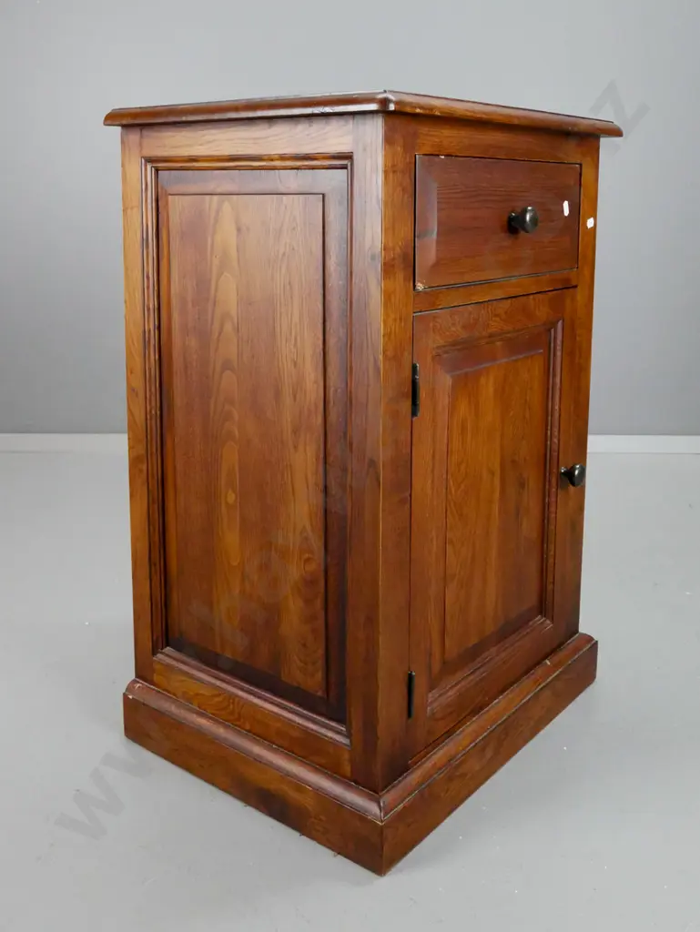 reproduction oak cabinet with panelled sides, single drawer, single door, metal knobs - dent to drawer bottom H-760 Image 1++