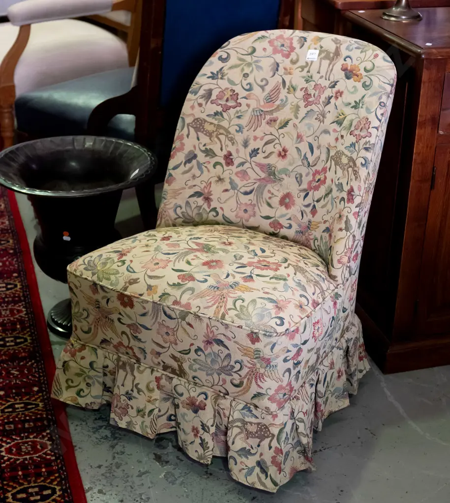 cab-leg upholstered bedroom chair with pleated skirt, covered in William Morris style print fabric - some discolouration Image 1++
