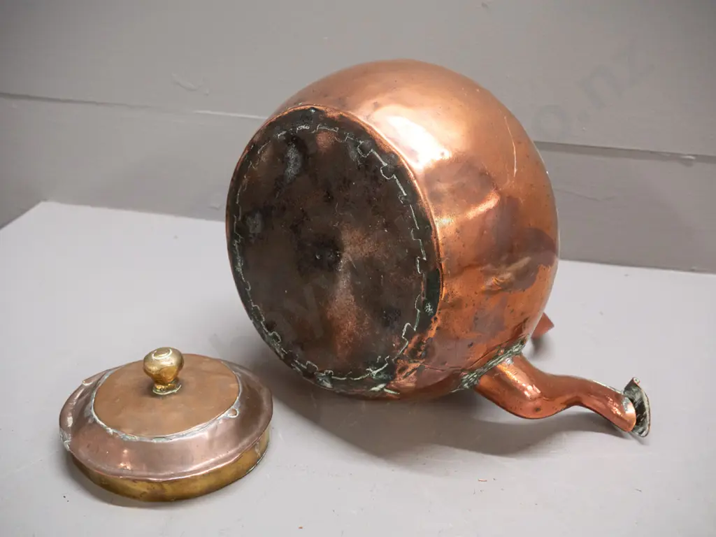 vintage copper kettle with brass rim and knob to top, hinged flap over spout - overall dents and wear H-270 with handle Image 1++