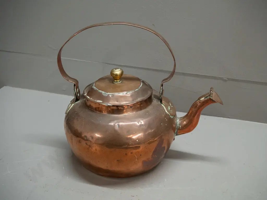 vintage copper kettle with brass rim and knob to top, hinged flap over spout - overall dents and wear H-270 with handle Image 1++