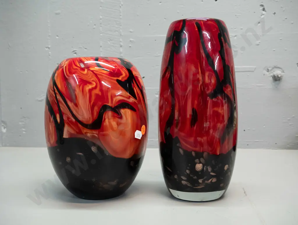 2 heavy art glass vases - swirled flame colour with gold specks. Taller is H-260 D-120 Image 1++